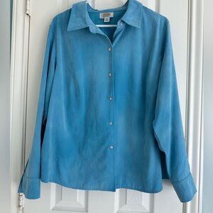 Talbots Women's Faux Suede/Velvet Shirt Petite 2X Blue Long Sleeve Button Up